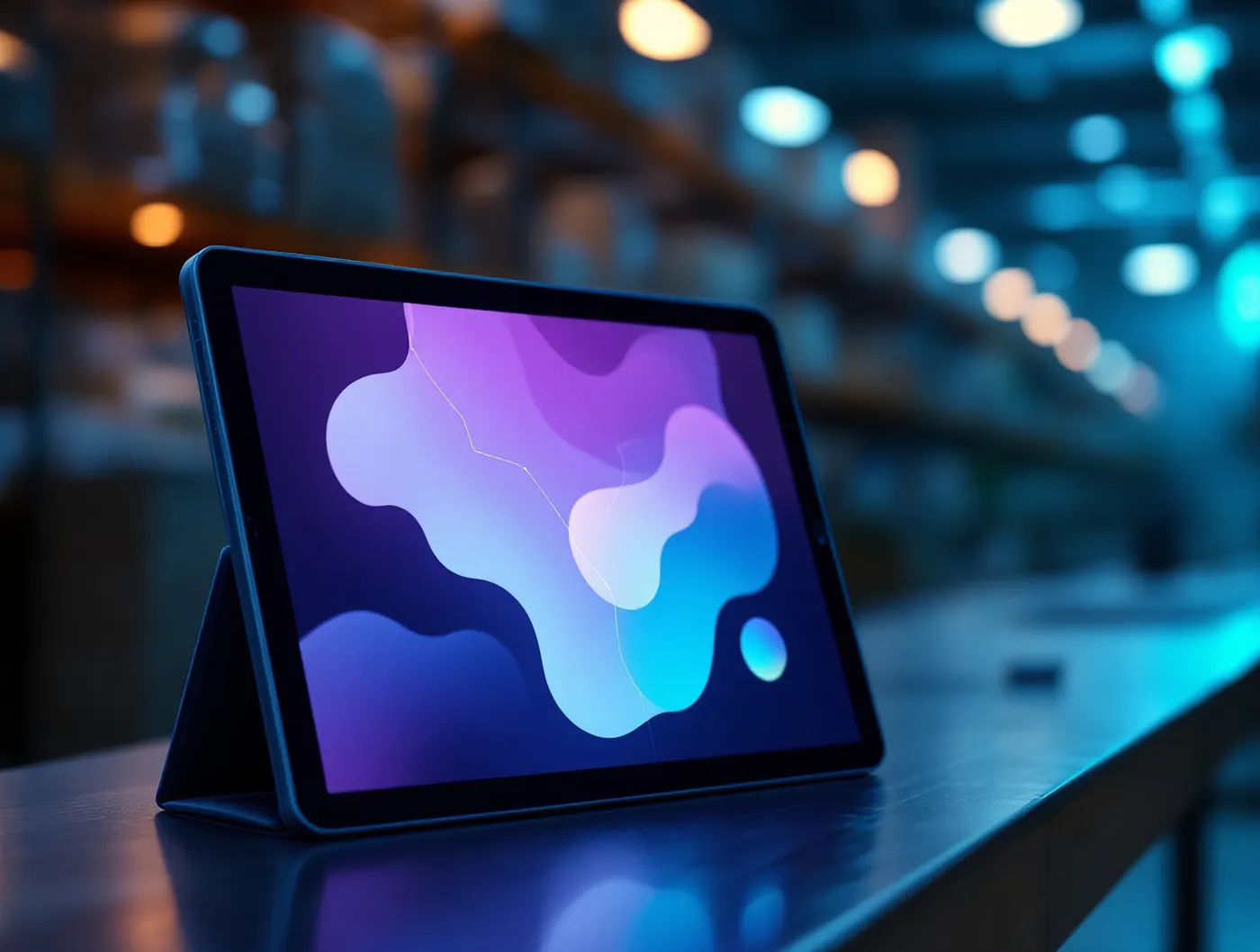 Tablet z aplikacją magazynową na stole w hali logistycznej