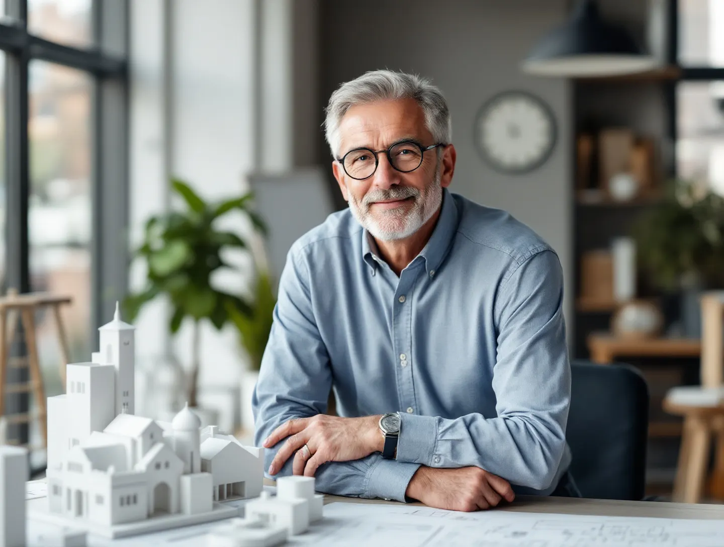Architekt w okularach przy biurku z białymi makietami budynków