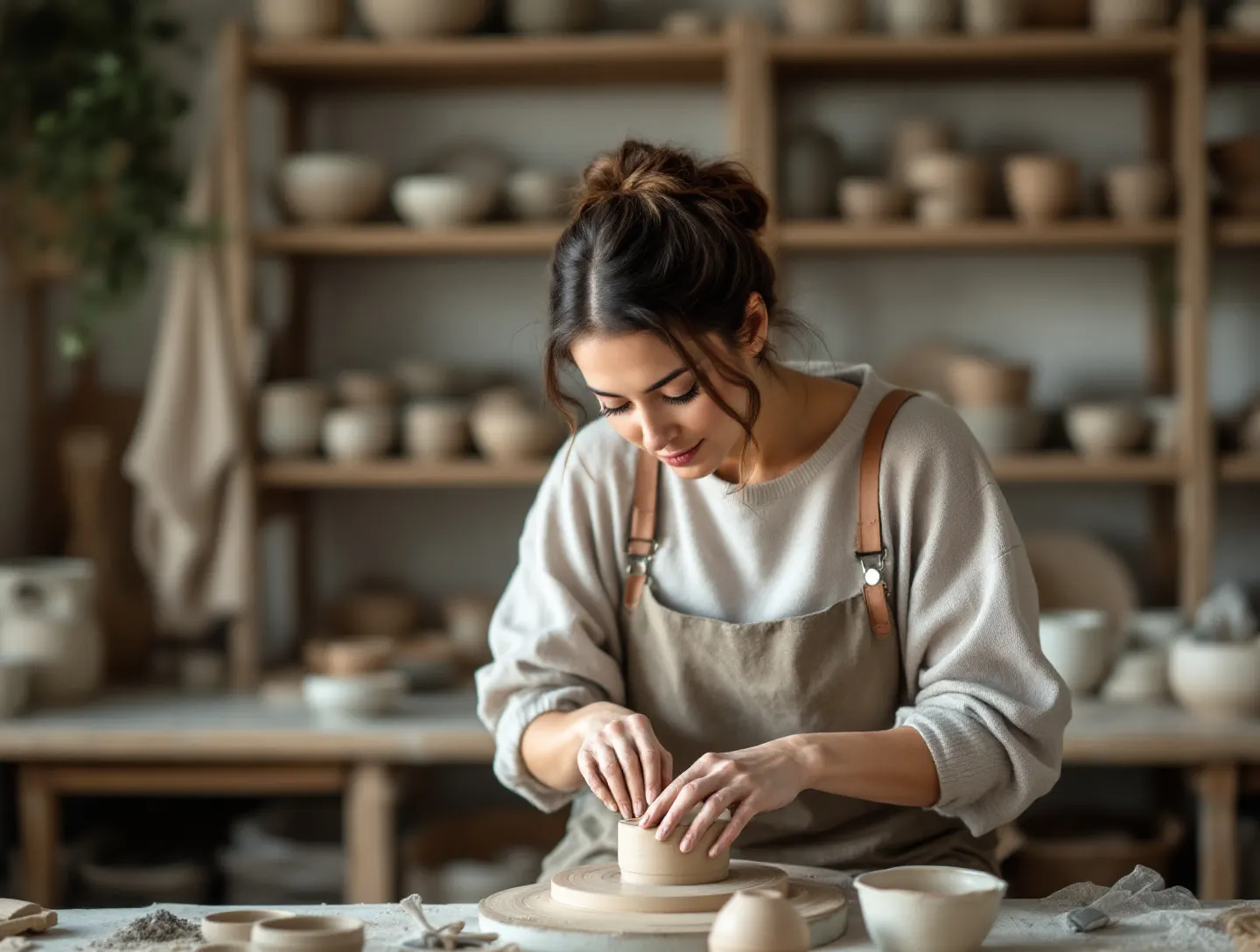 Ceramiczka przy kole garncarskim w swojej pracowni