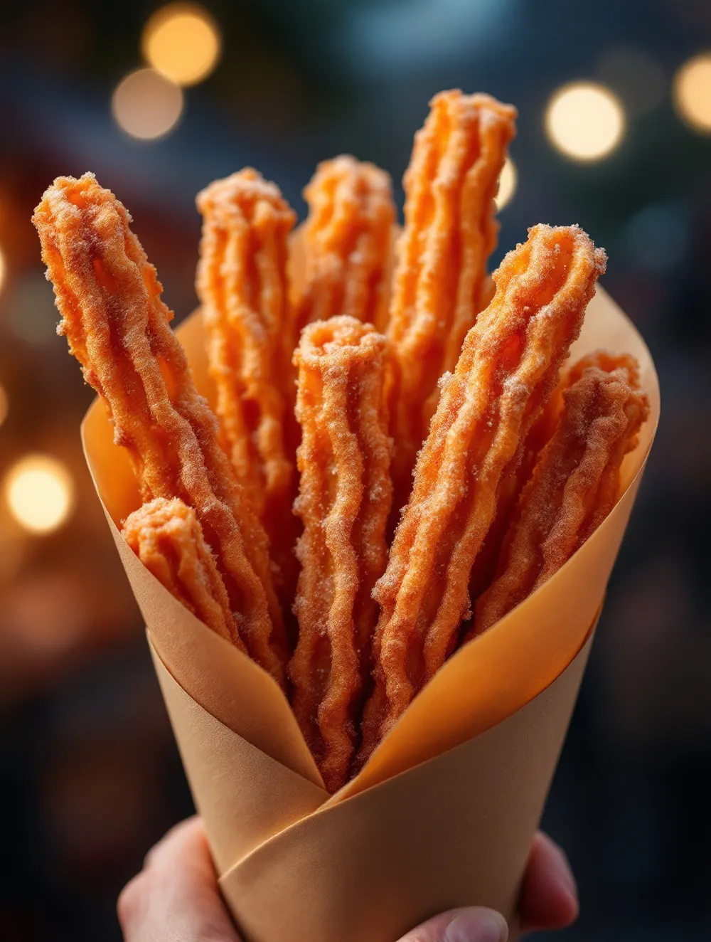 Churros z cukrem cynamonowym w papierowym rożku i miseczka sosu czekoladowego