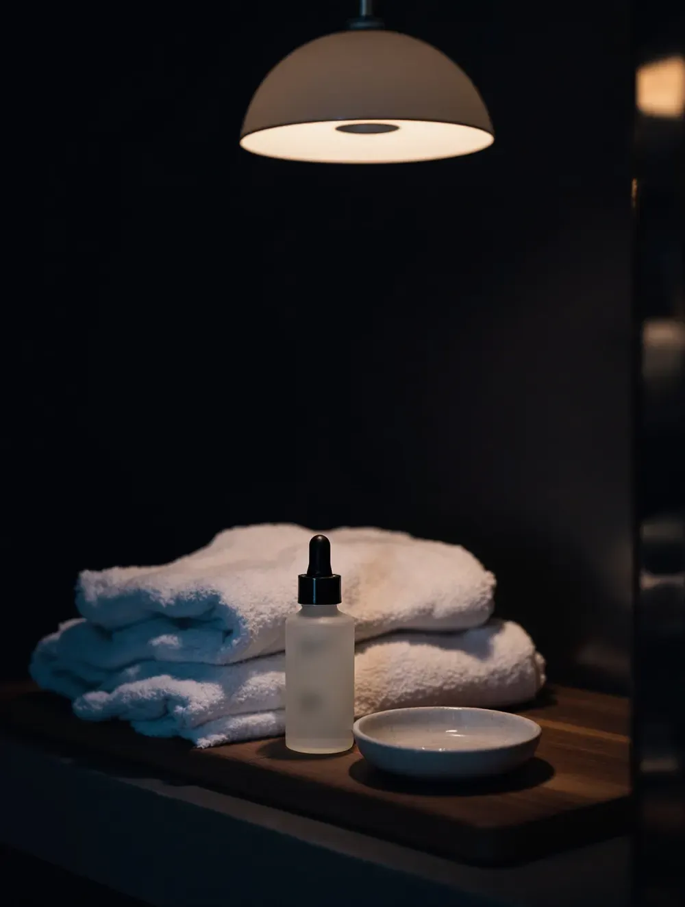 Wieczorna półka w łazience z butelką serum i ręcznikiem