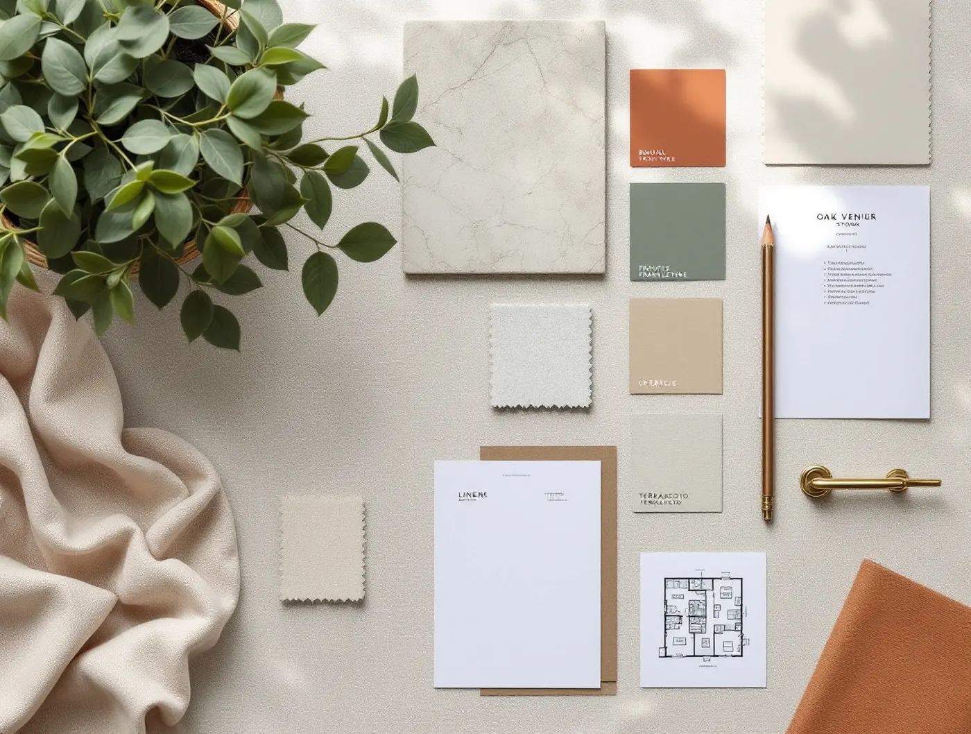Moodboard: próbki drewna, kamienia, tkanin i kolorów farb