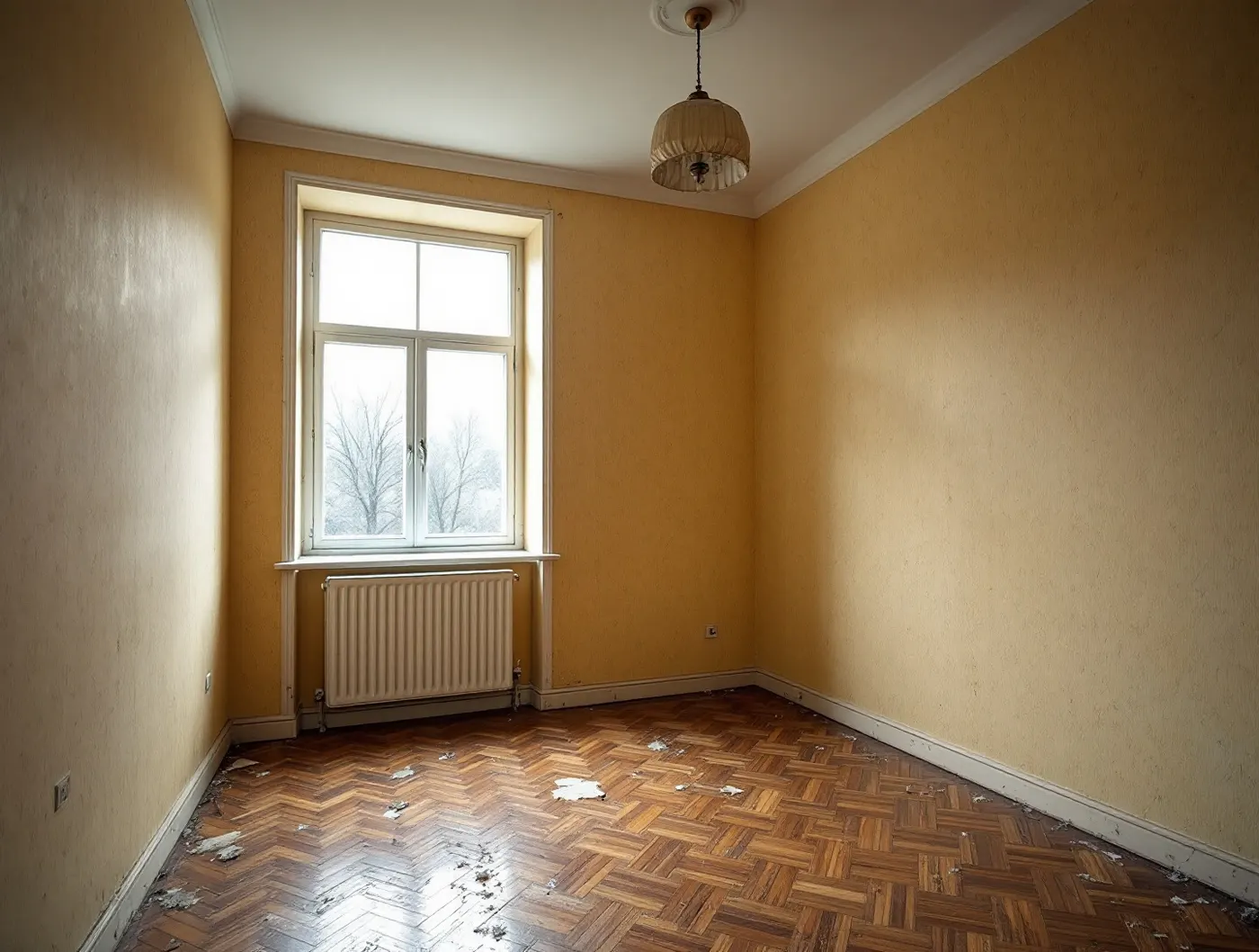 Salon przed remontem: stara tapeta, zniszczony parkiet i goła żarówka