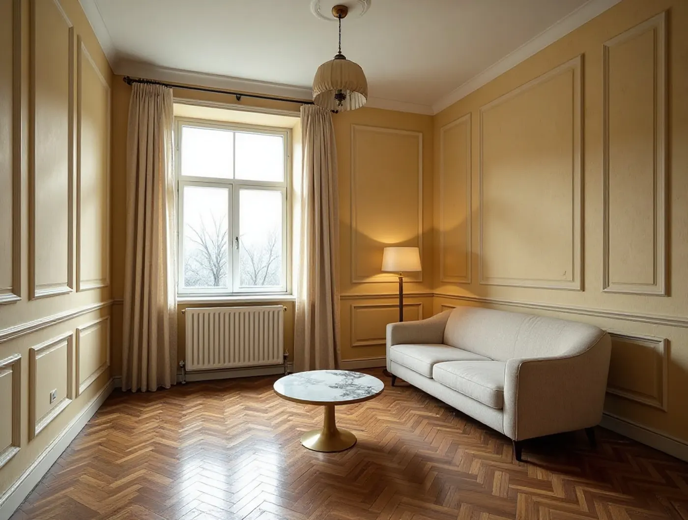 Salon w stylu nowoczesnym klasycznym: sztukateria, jodełka, kremowa sofa i marmurowy stolik