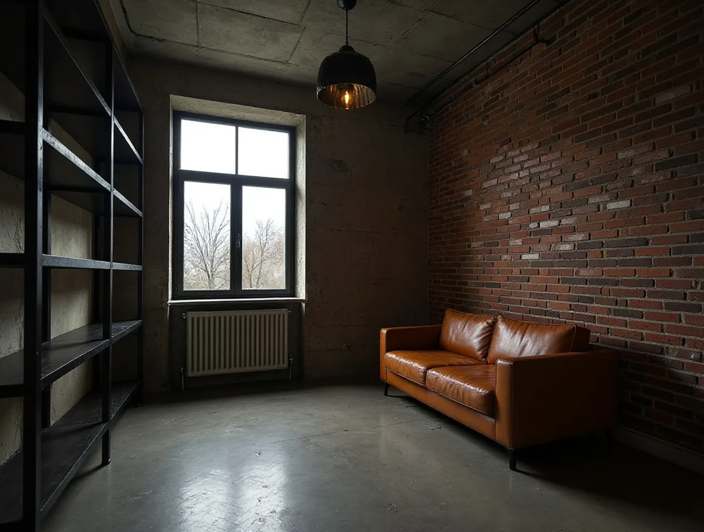 Salon w stylu loft: ściana z cegły, betonowa podłoga, skórzana sofa i czarne regały