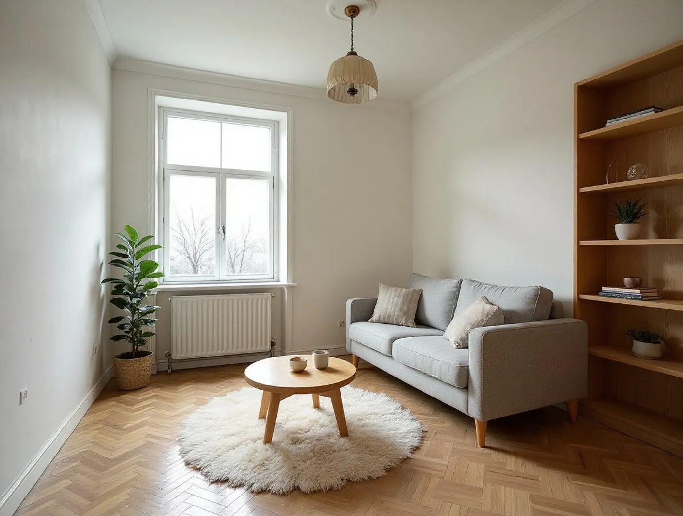 Salon w stylu skandynawskim: jasne ściany, szara sofa, wełniany dywan i regał z jasnego drewna