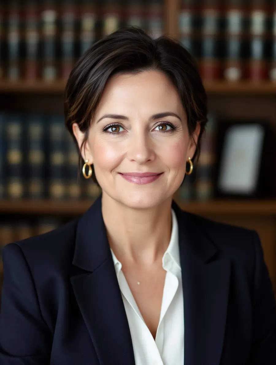 Portret r.pr. Anny Wierzbickiej w granatowej marynarce na tle regałów z książkami