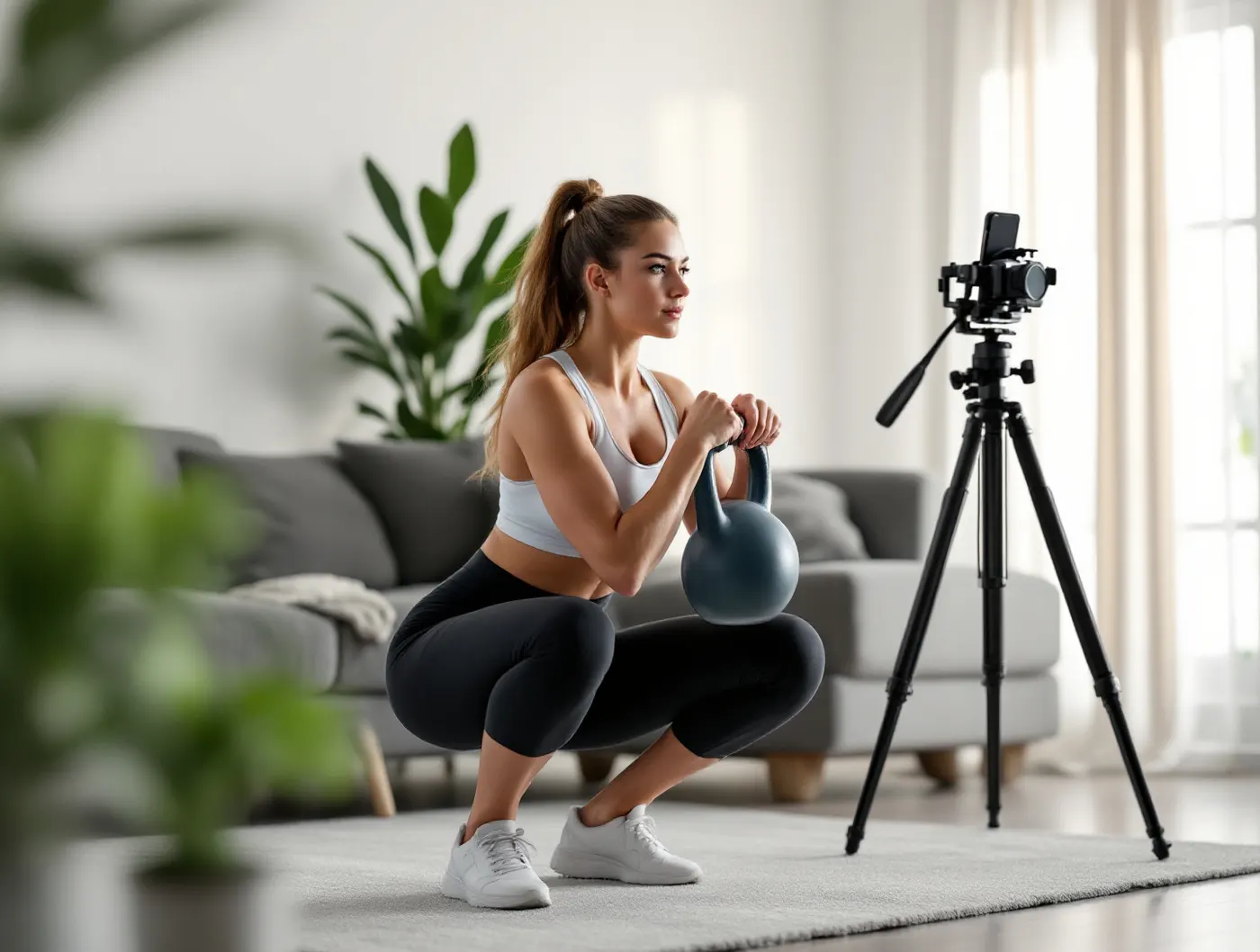 Podopieczna robi przysiad z kettlebell w salonie i nagrywa technikę telefonem