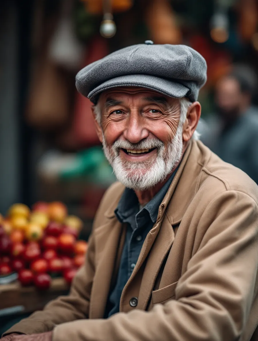 Portret starszego mężczyzny w kaszkiecie na targu, zdjęcie telefonem