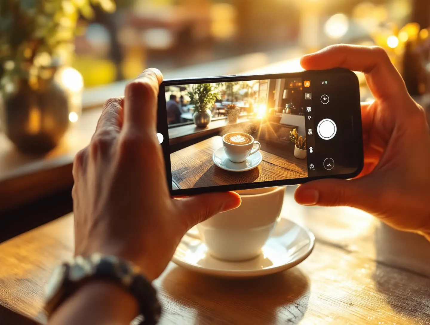 Dłonie trzymające telefon nad filiżanką cappuccino w złotym świetle okna