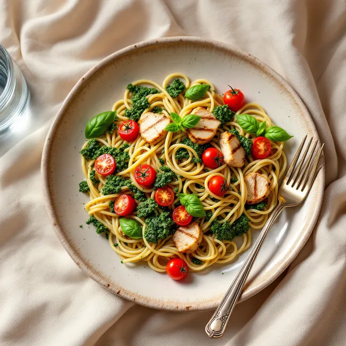 Makaron pełnoziarnisty z pesto, kurczakiem i pomidorkami