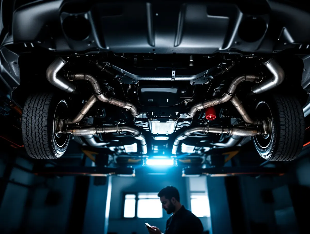 Podwozie auta na podnośniku, mechanik sprawdza układ wydechowy