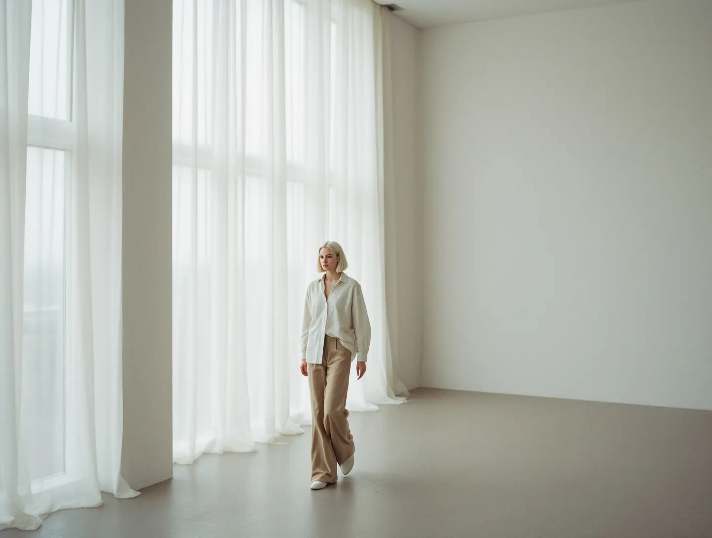 Look 06: modelka w lnianym komplecie idąca przez jasne wnętrze