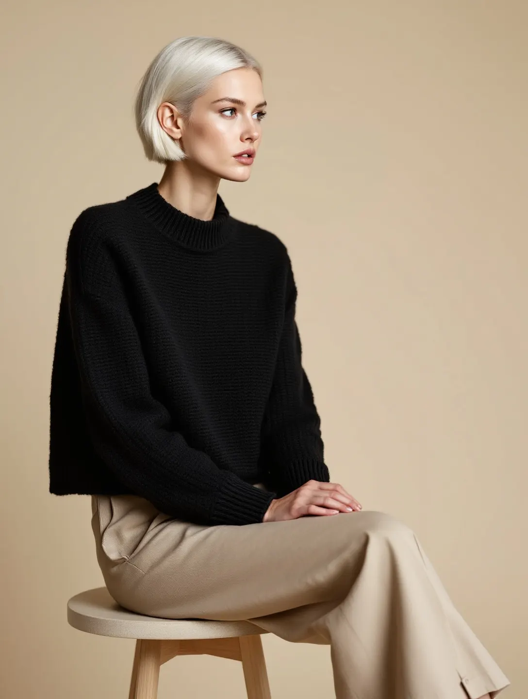 Look 02: modelka w czarnym swetrze z merino siedząca na drewnianym stołku