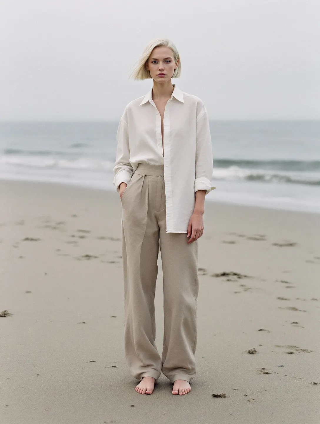 Look 03: modelka w lnianej koszuli i spodniach na plaży o świcie