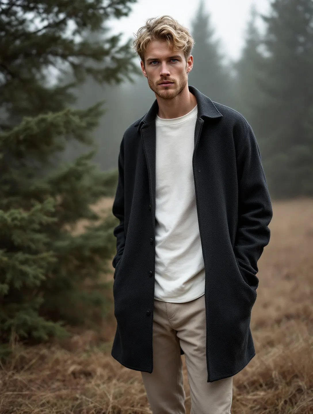 Look 04: model w grafitowym overshircie z gotowanej wełny w mglistym lesie