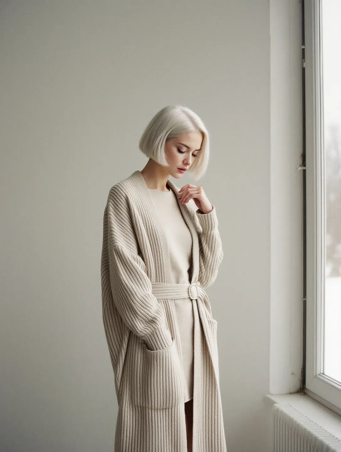 Modelka w prążkowanym kardiganie z merino przy oknie