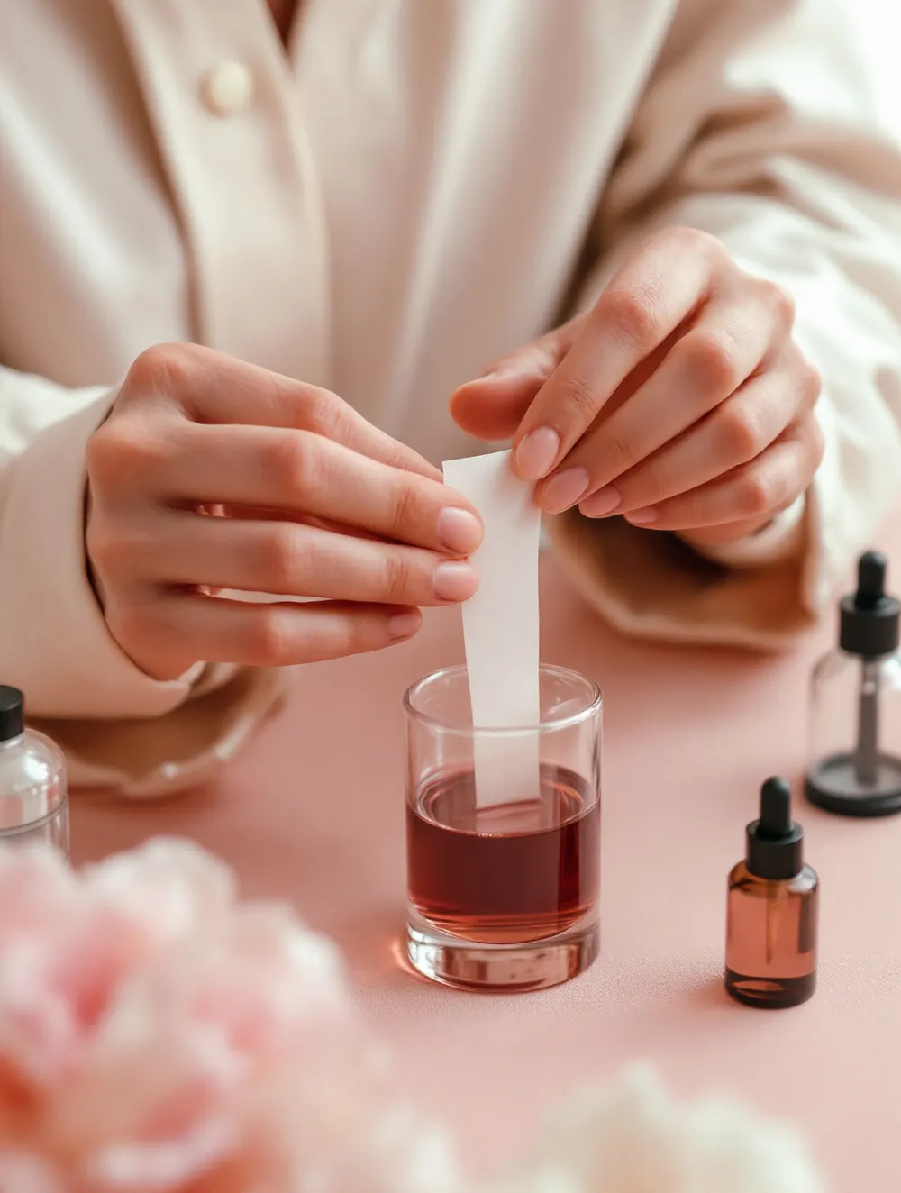 Perfumiarka zanurza papierowy blotter w zlewce z kompozycją
