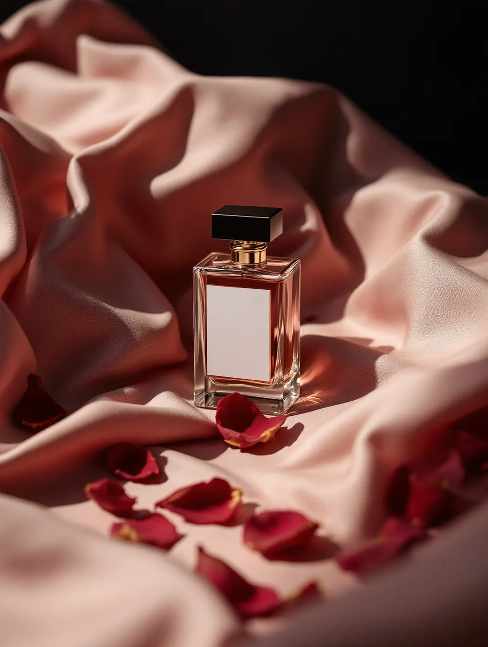 Szklany flakon perfum na pudrowym jedwabiu wśród płatków róż