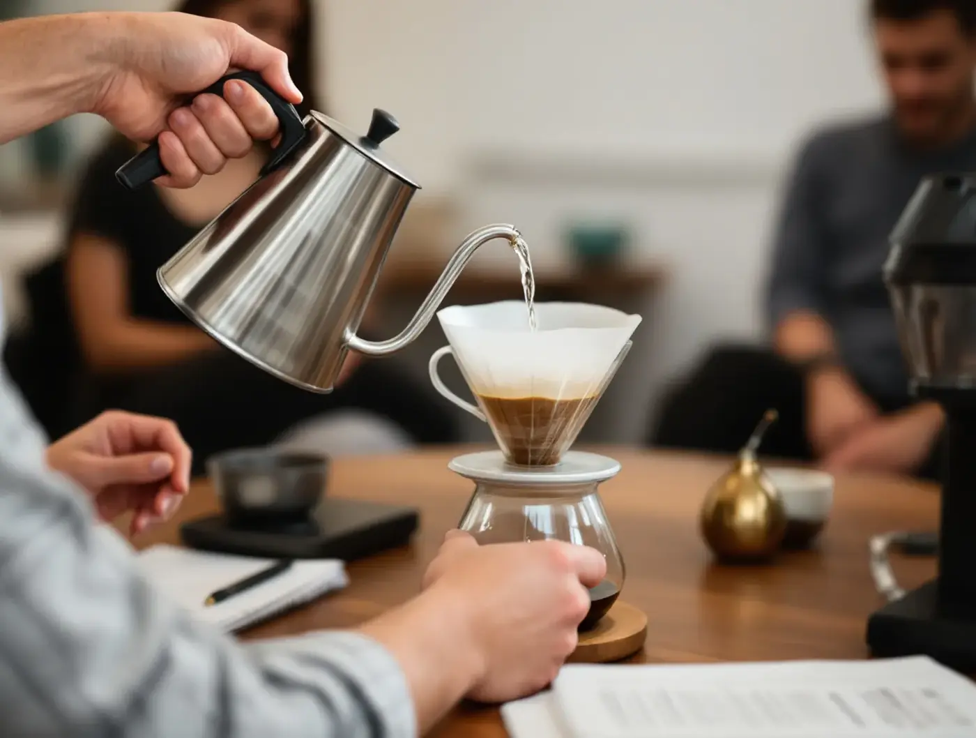 Barista prowadzi kurs parzenia kawy metodą przelewową