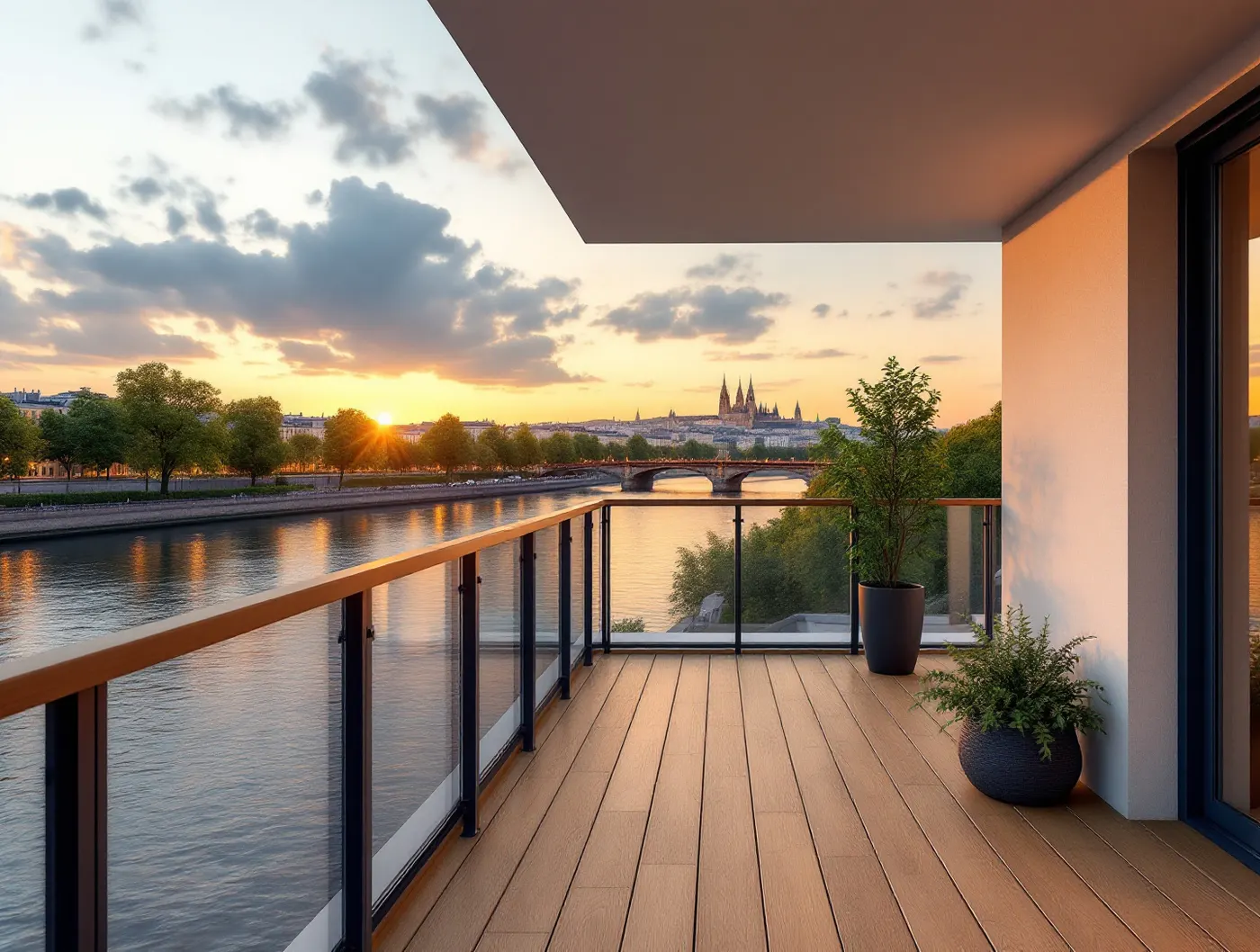 Loggia z drewnianą podłogą i szklaną balustradą z widokiem na Odrę o zachodzie