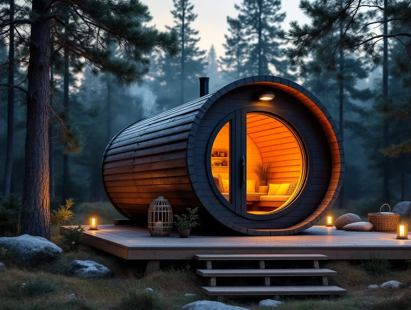 Sauna beczka z termodrewna z okrągłym przeszkleniem w lesie o zmierzchu