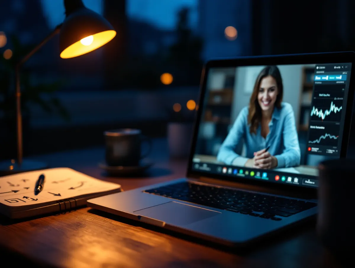 Sesja mentoringowa online na laptopie, obok notatnik z rozrysowanymi poziomami
