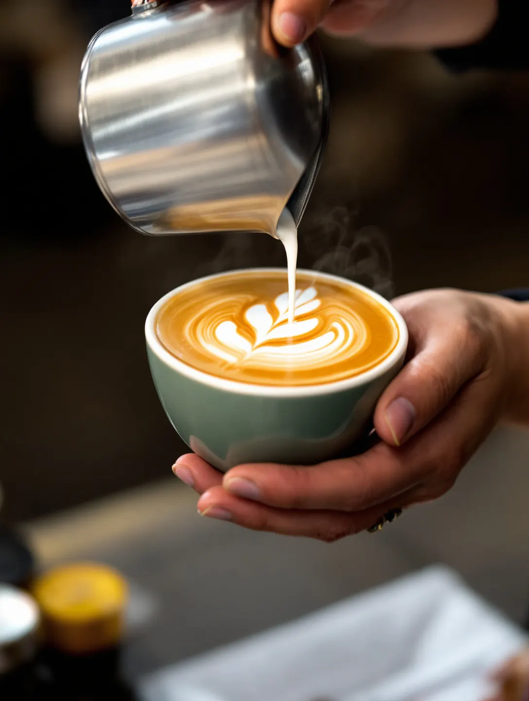 Baristka nalewa mleko do cappuccino, tworząc latte art