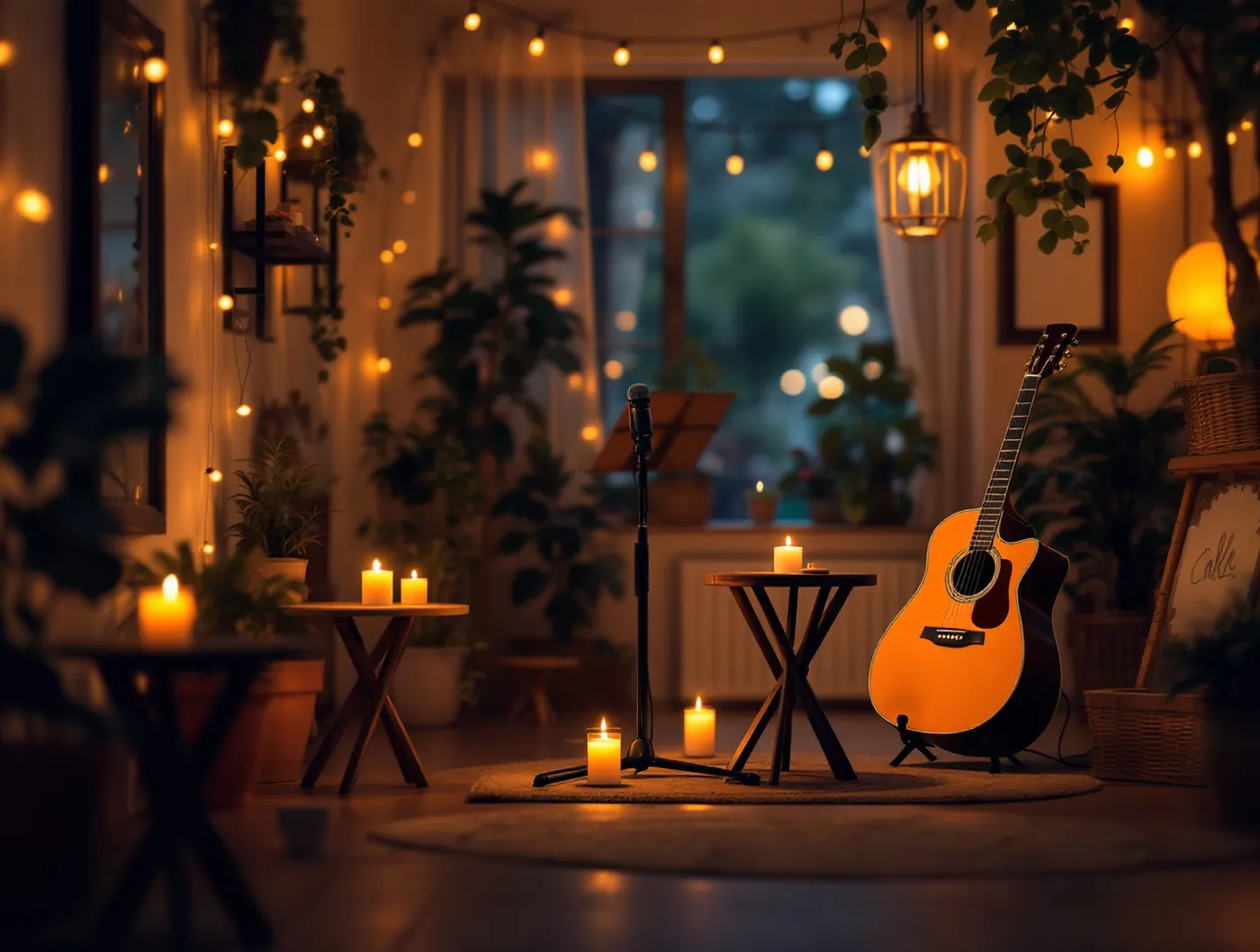 Kawiarnia wieczorem przygotowana do koncertu: świece, lampki i gitara