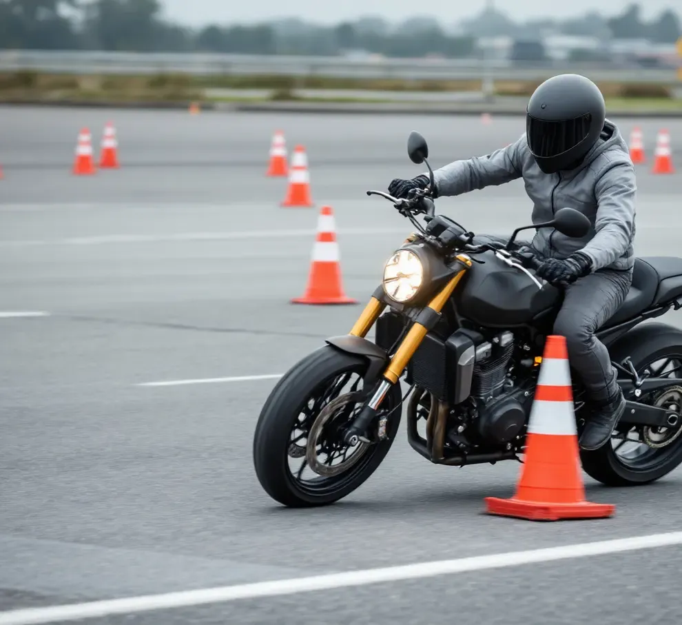 Motocyklista w kasku pokonuje slalom między pachołkami