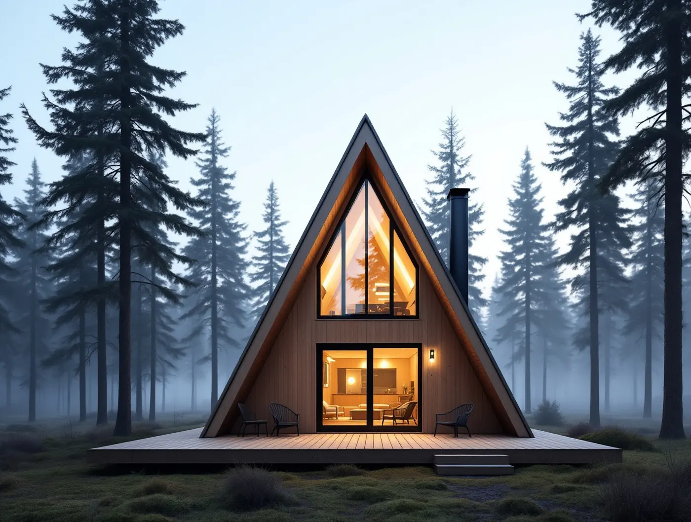 Drewniany domek typu A-frame wśród sosen o zmierzchu z oświetlonym przeszklonym szczytem