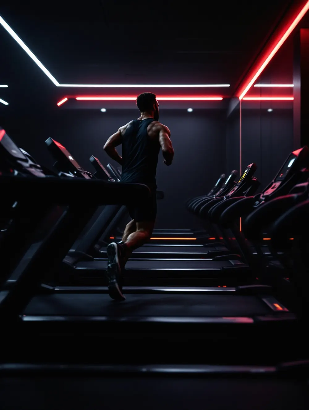 Biegacz na bieżni w strefie cardio z podświetleniem