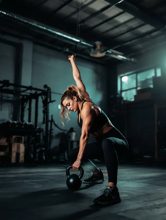 Kobieta wykonuje wymach kettlebell na siłowni