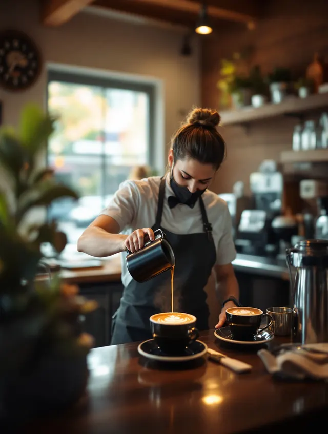 Barista nalewa mleko do kawy w kawiarni