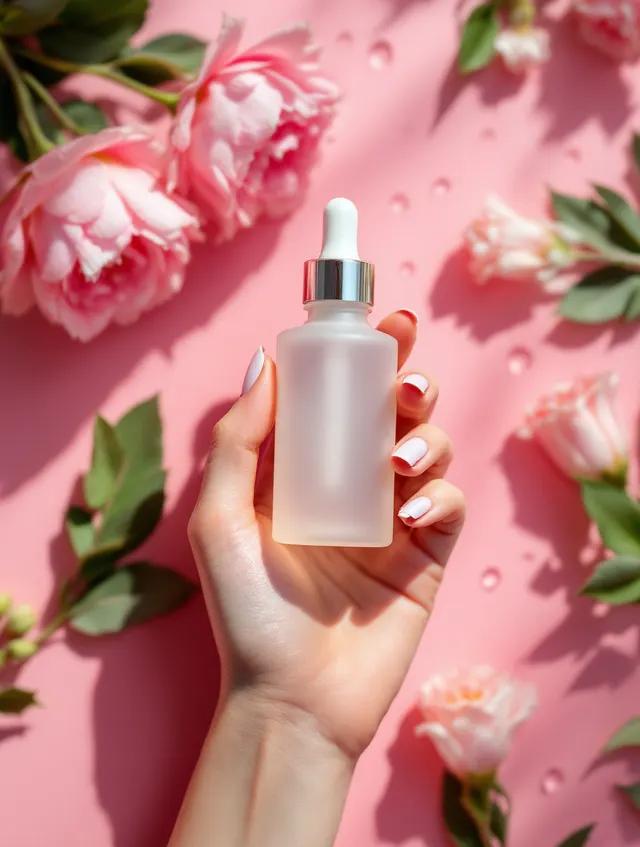 Dłoń trzyma butelkę serum nad różowym tłem z kwiatami