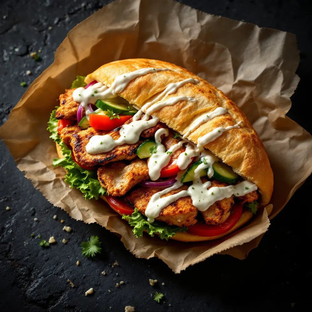 Kebab w chrupiącej bułce z mięsem, warzywami i sosem czosnkowym