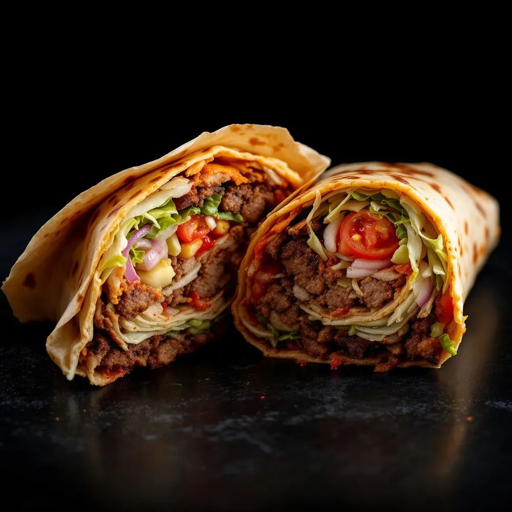 Rollo kebab przekrojone na pół, widać mięso, kapustę i pomidory