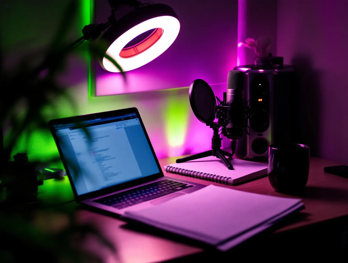 Domowe studio prowadzącej: laptop, mikrofon i lampa pierścieniowa w fioletowym świetle
