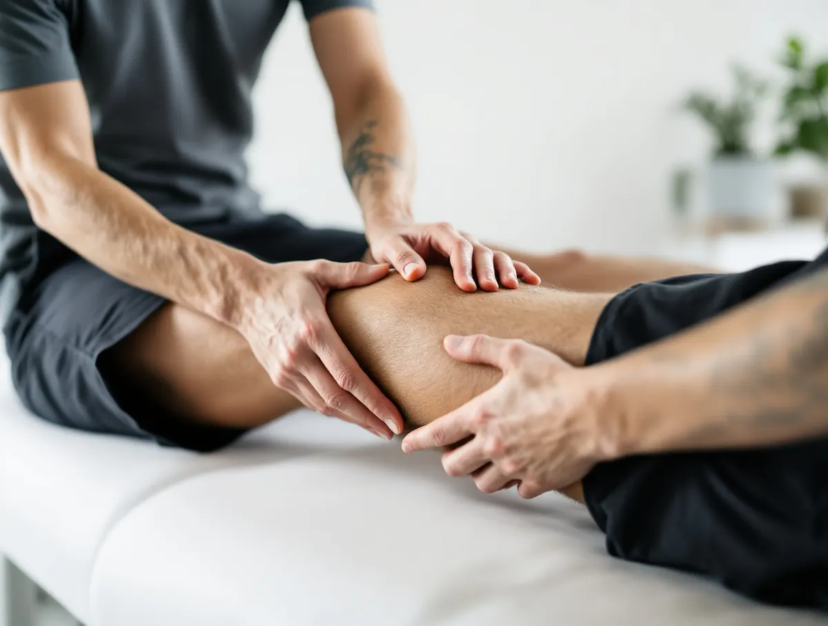 Fizjoterapeuta wykonuje mobilizację stawu kolanowego