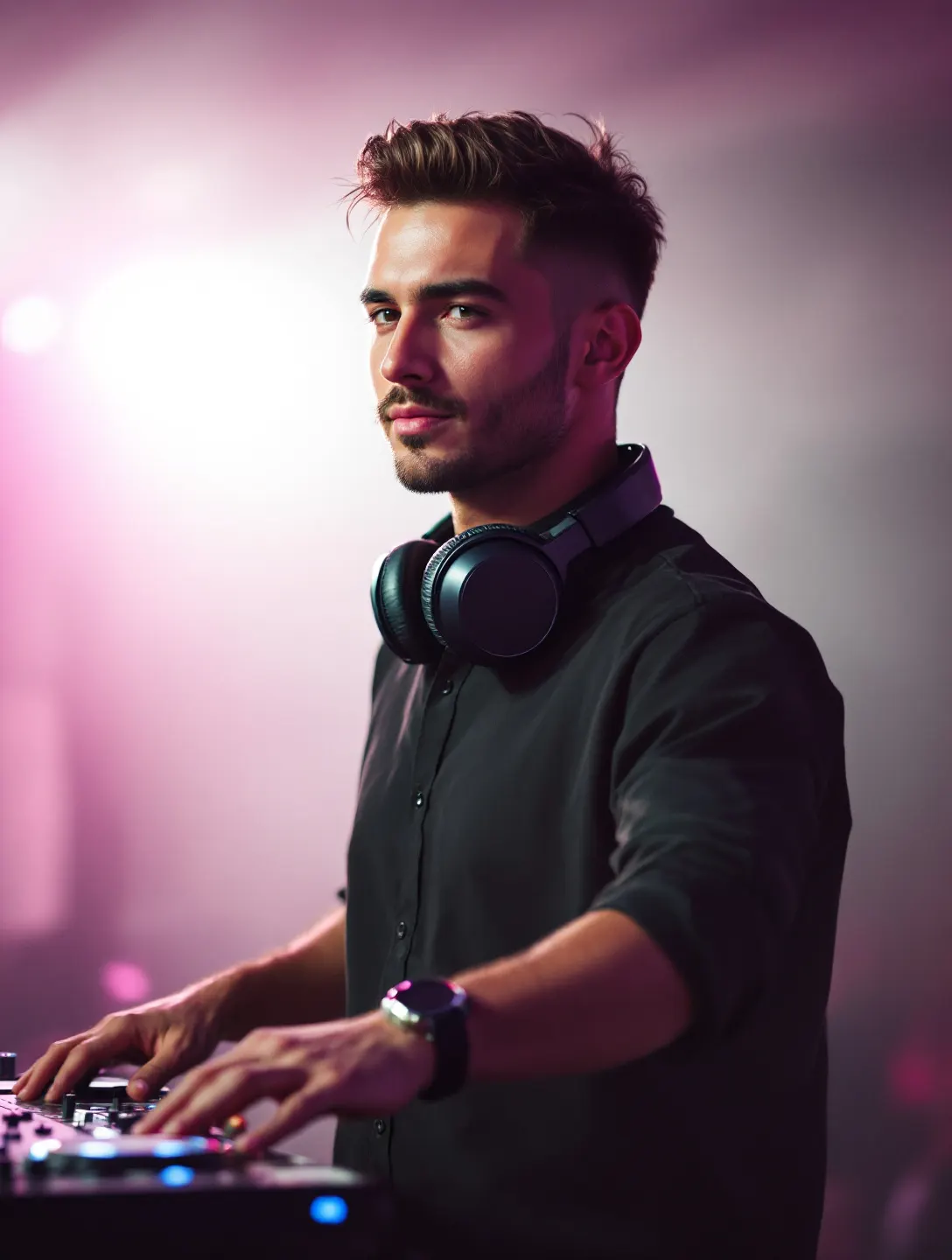 Kuba Rytel za konsoletą DJ w różowym świetle