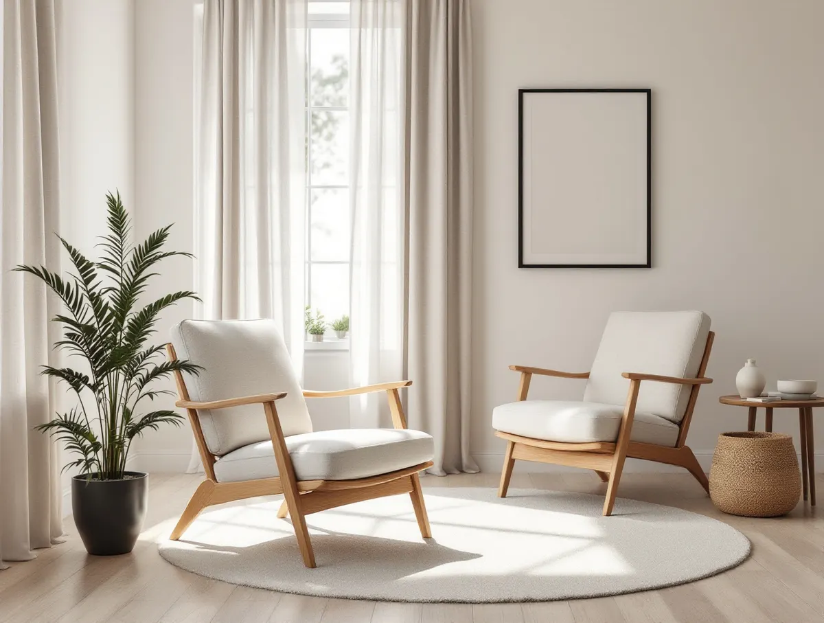 Dębowe fotele w jasnym, minimalistycznym salonie