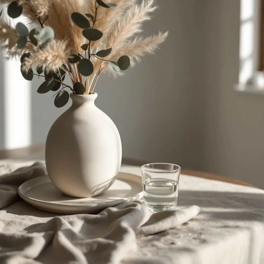 Ceramiczny wazon z suszonymi trawami i szklanka wody na lnianym obrusie