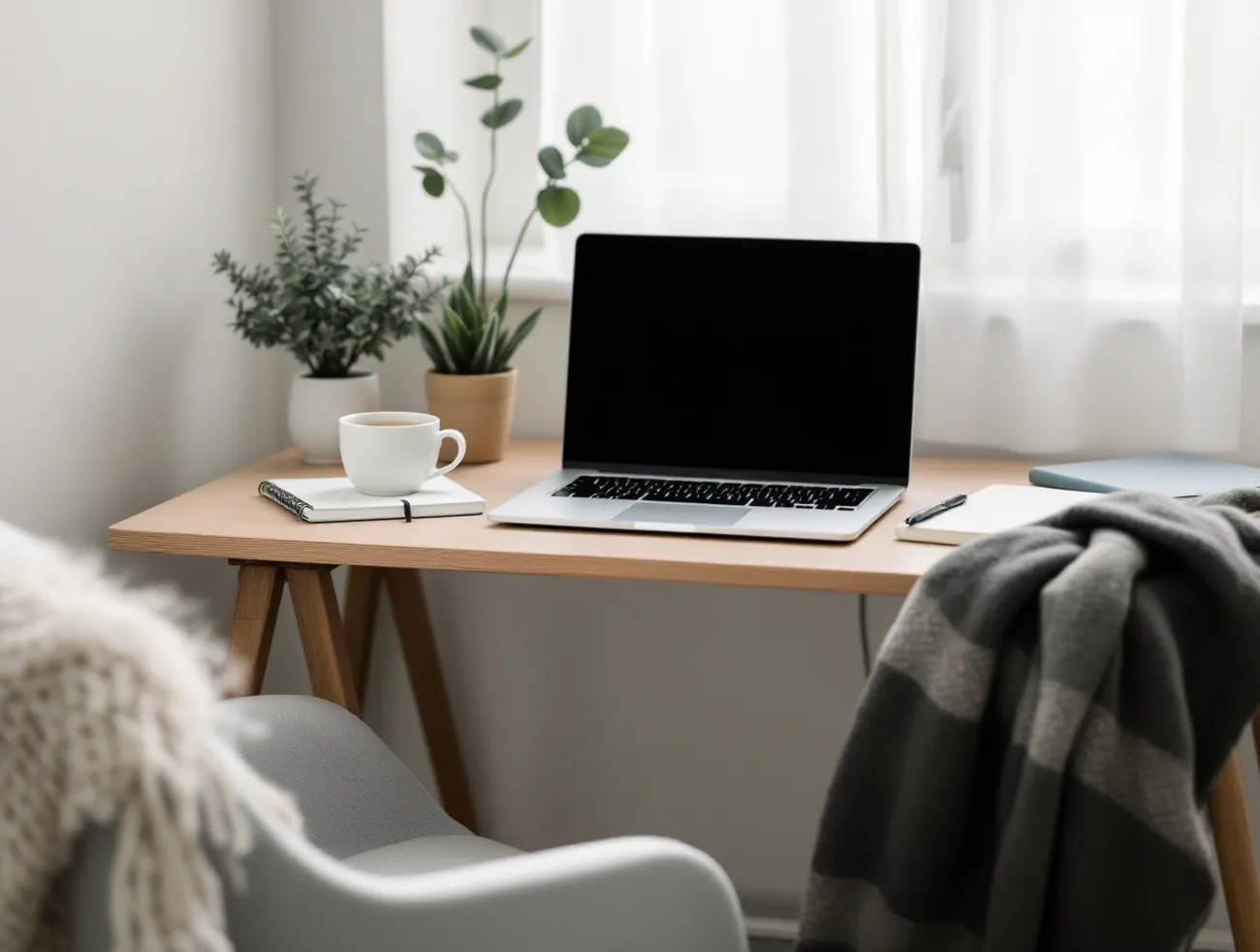 Spokojne domowe biurko przygotowane do sesji online, z laptopem, herbatą i rośliną