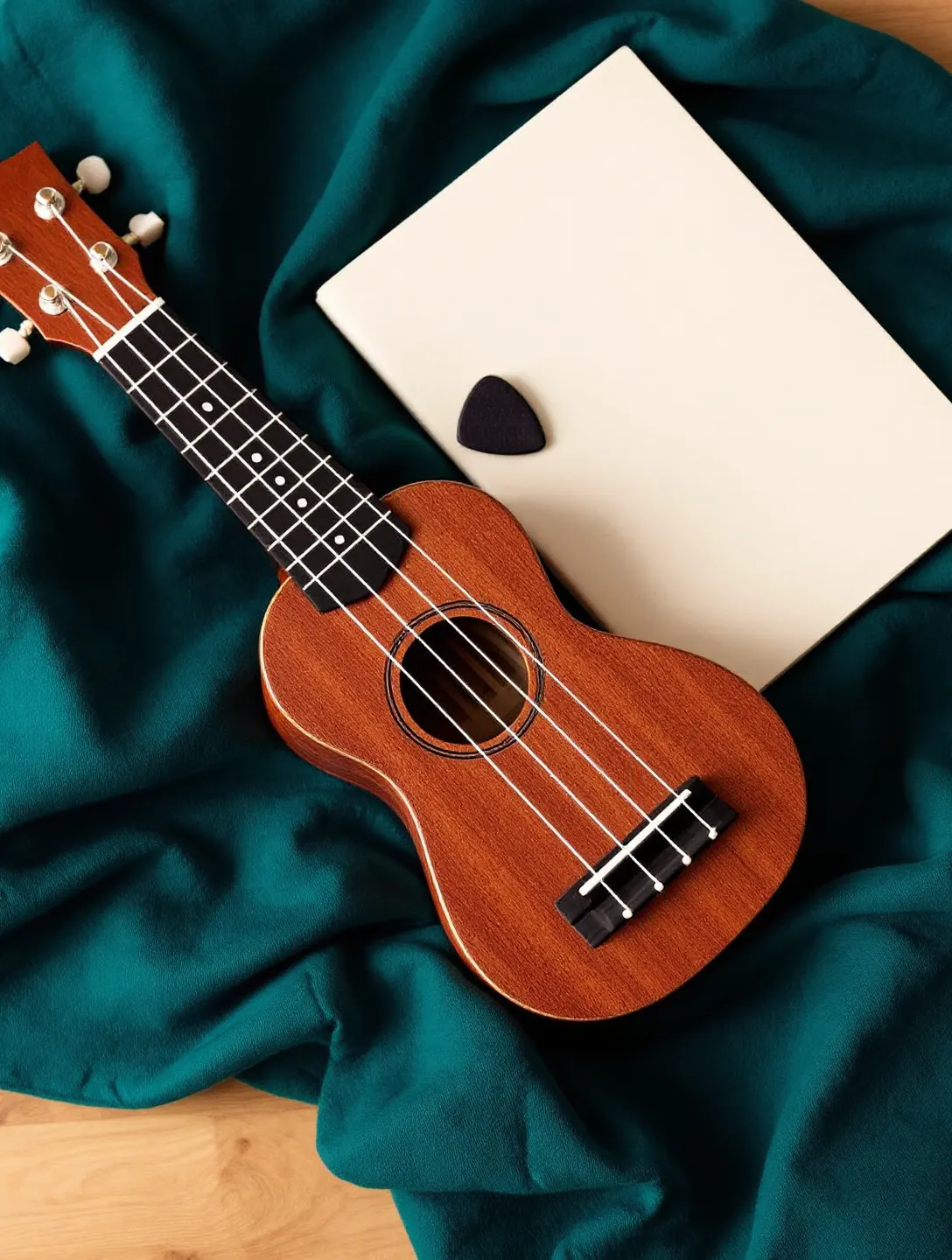 Ukulele na turkusowym lnie obok kostki i notesu