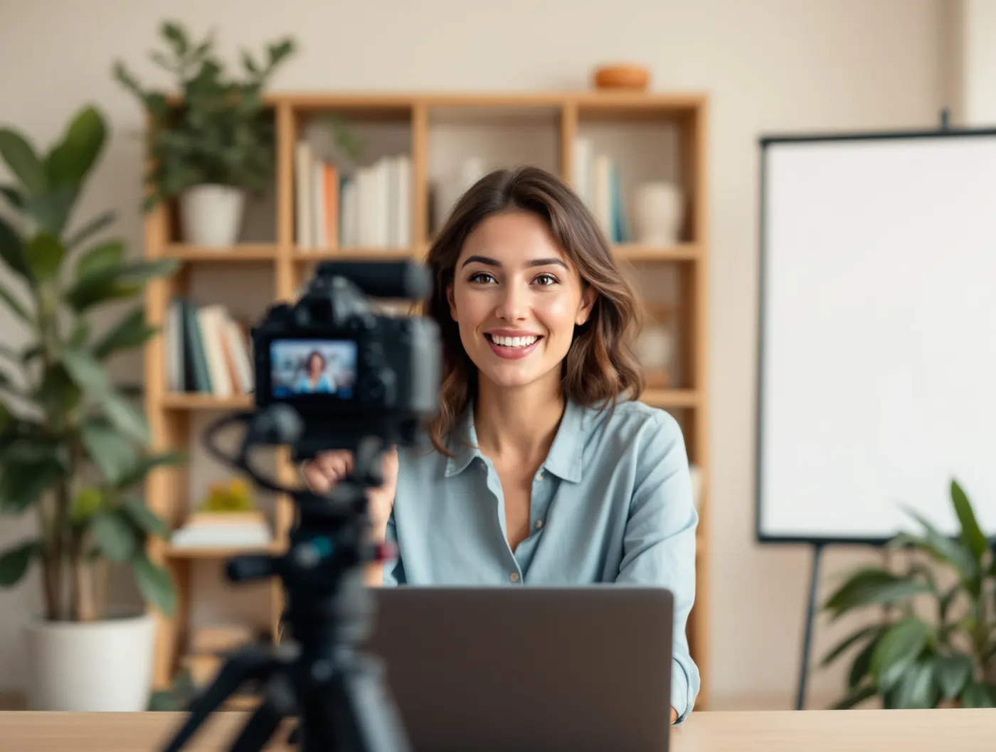 Lektorka nagrywa lekcję wideo w domowym studiu