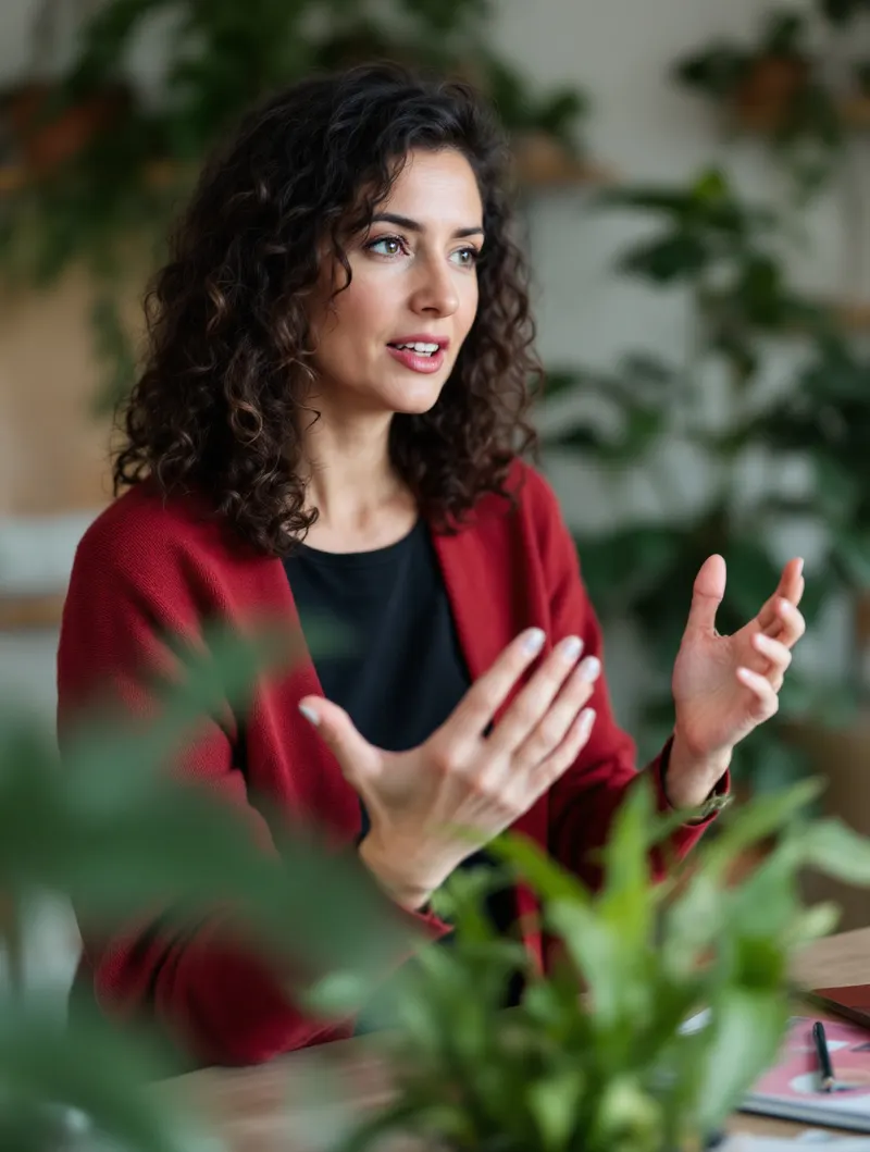 Lektorka Maya Collins tłumacząca z gestykulacją