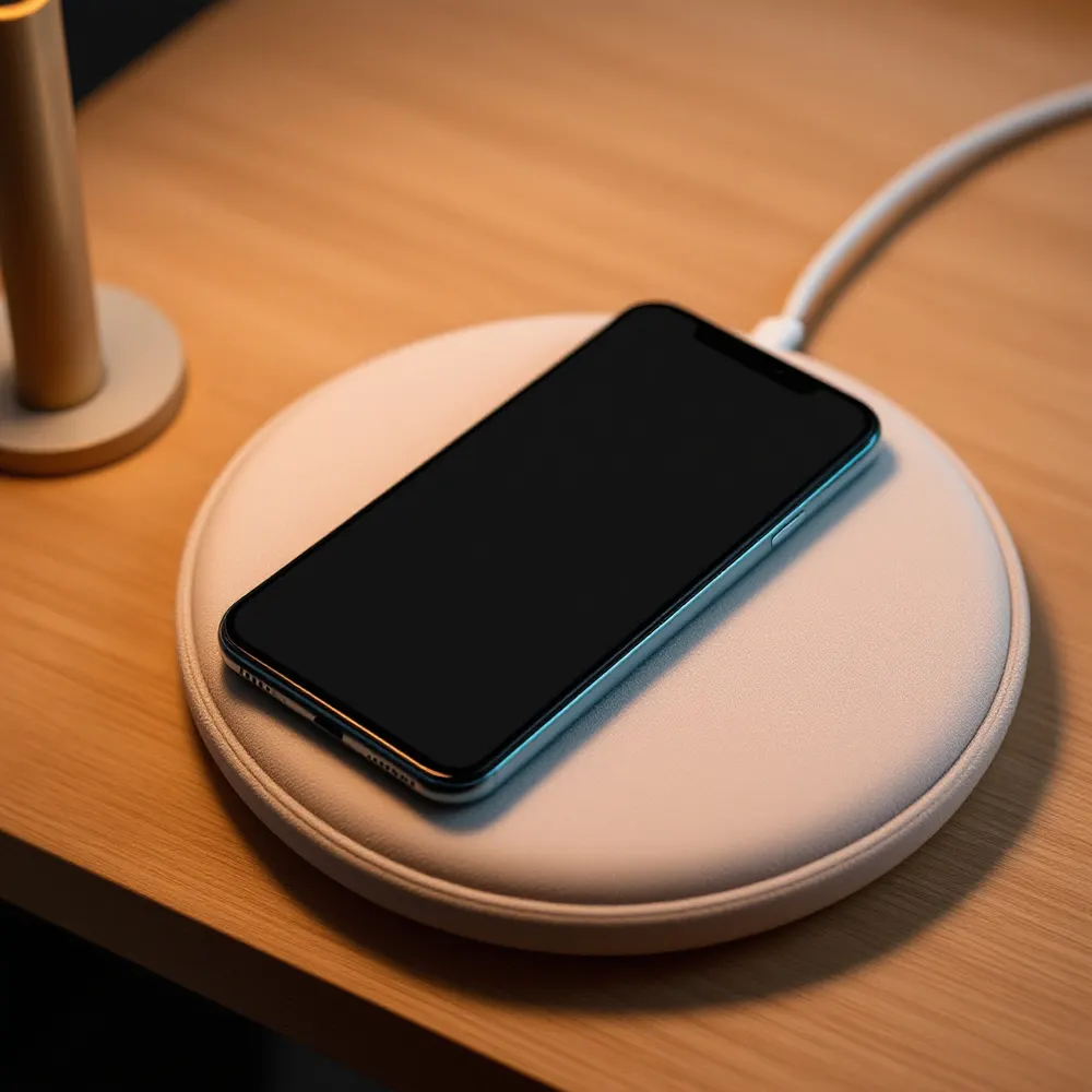 Telefon leżący na tkaninowej podstawie lampy, która ładuje go indukcyjnie