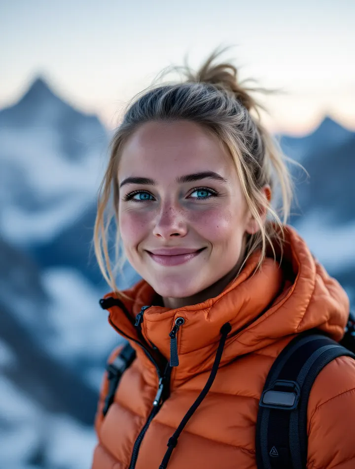 Aleksandra Nowak, przewodniczka wysokogórska, w pomarańczowej kurtce puchowej