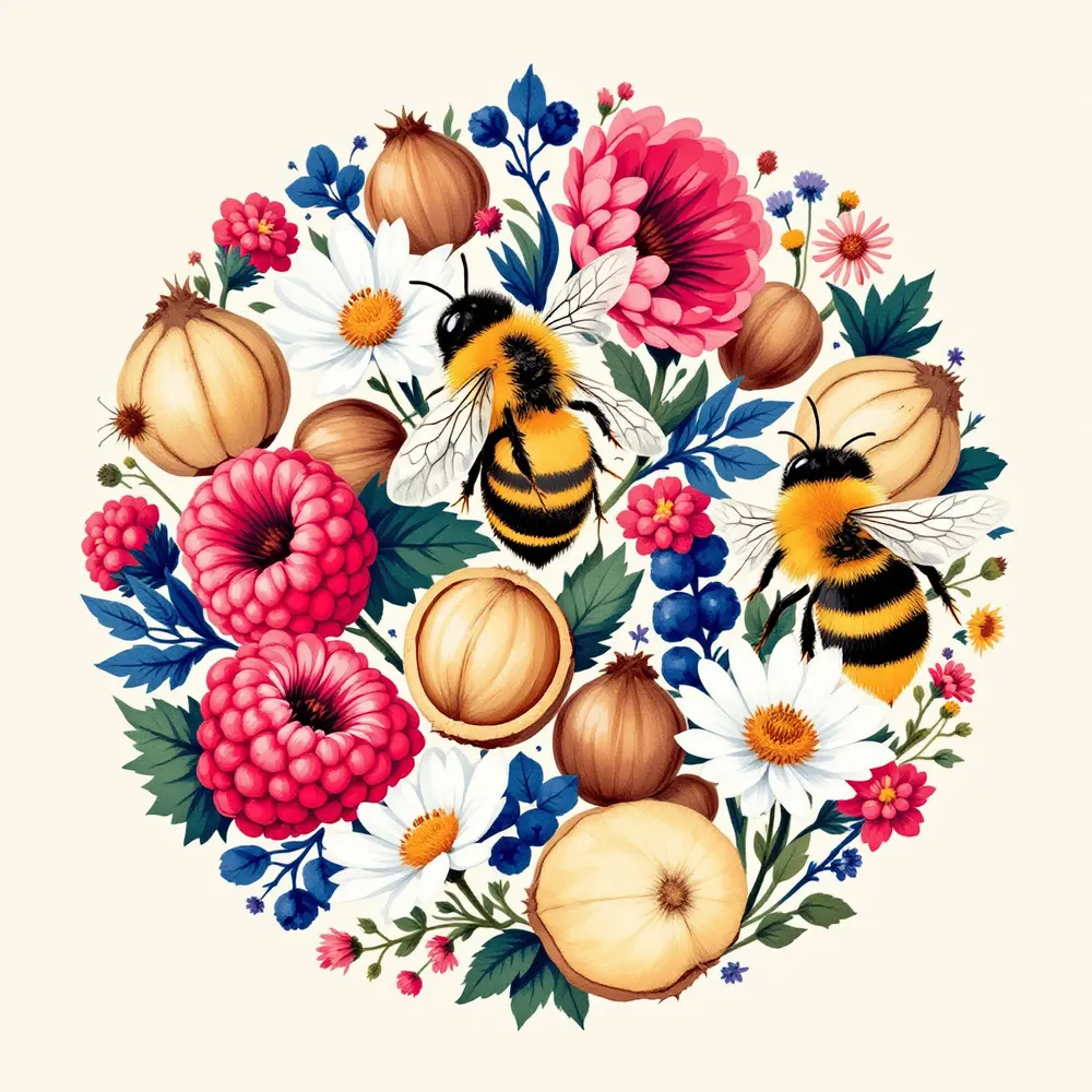 Ilustracja etykiety: maliny, orzechy laskowe i pszczoły w okrągłej kompozycji