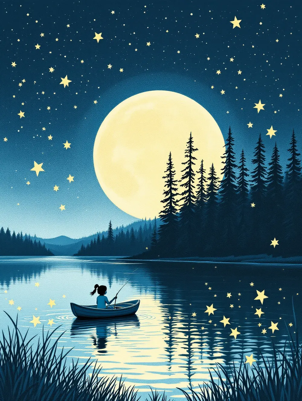 Ilustracja okładkowa: dziewczynka w łódce łowi gwiazdy z jeziora nocą